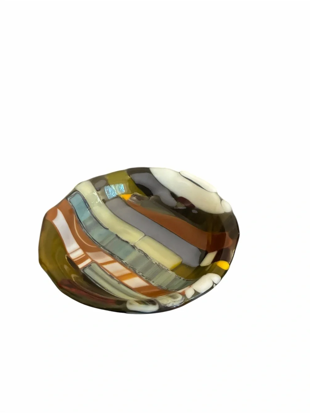 Artisan Fused Glass Trinket Dish Earthy Striped Brown Gray Cream Decor Bowl